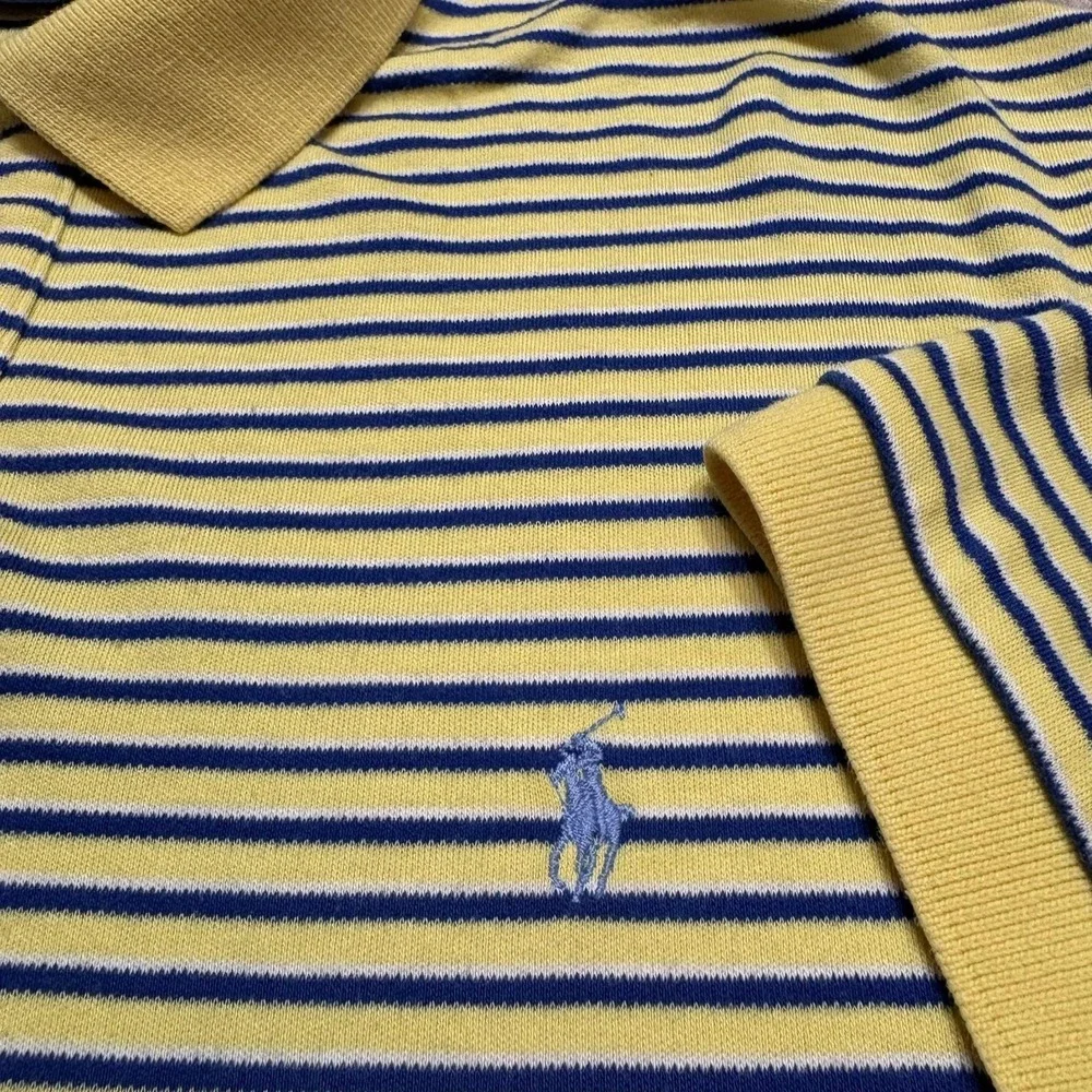 Polo Ralph Lauren Polo Shirt Mens Medium Yellow Blue Stripe Pique Cotton